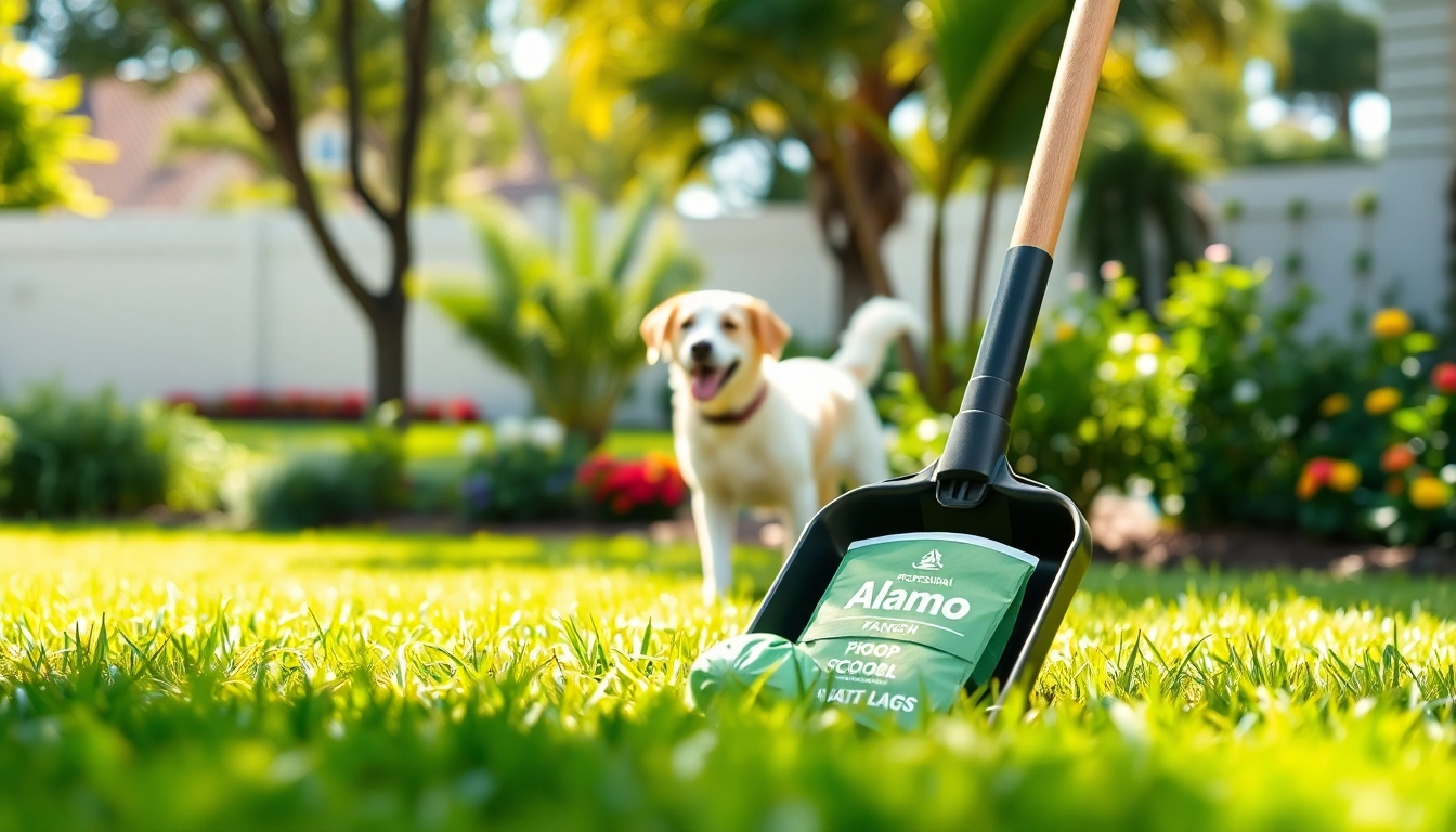 Alamo Ranch poop scooper efficiently cleaning a lush backyard, ensuring a tidy space.