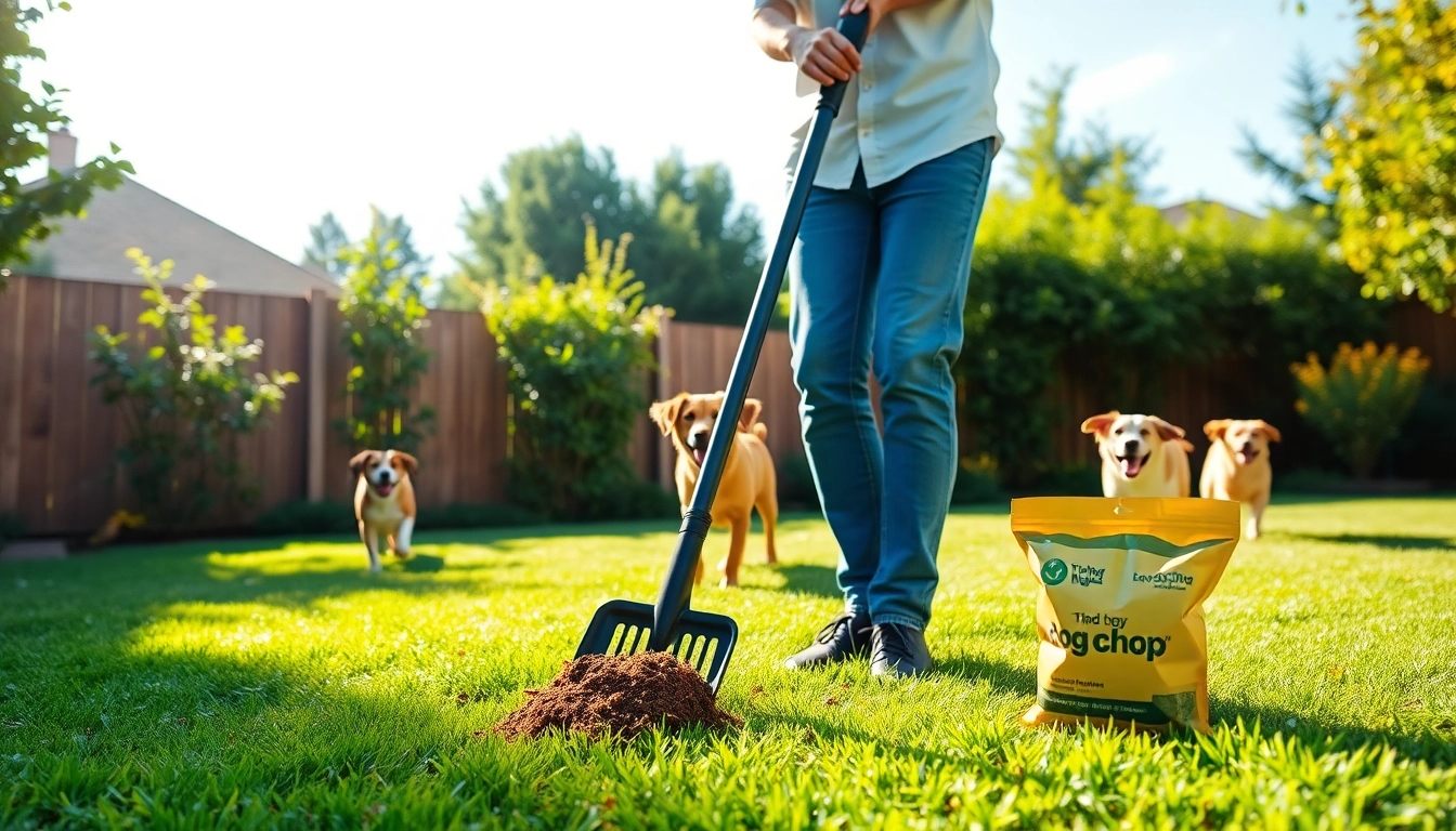Dog owner clean up dog poop in a sunny backyard with happy dogs around.