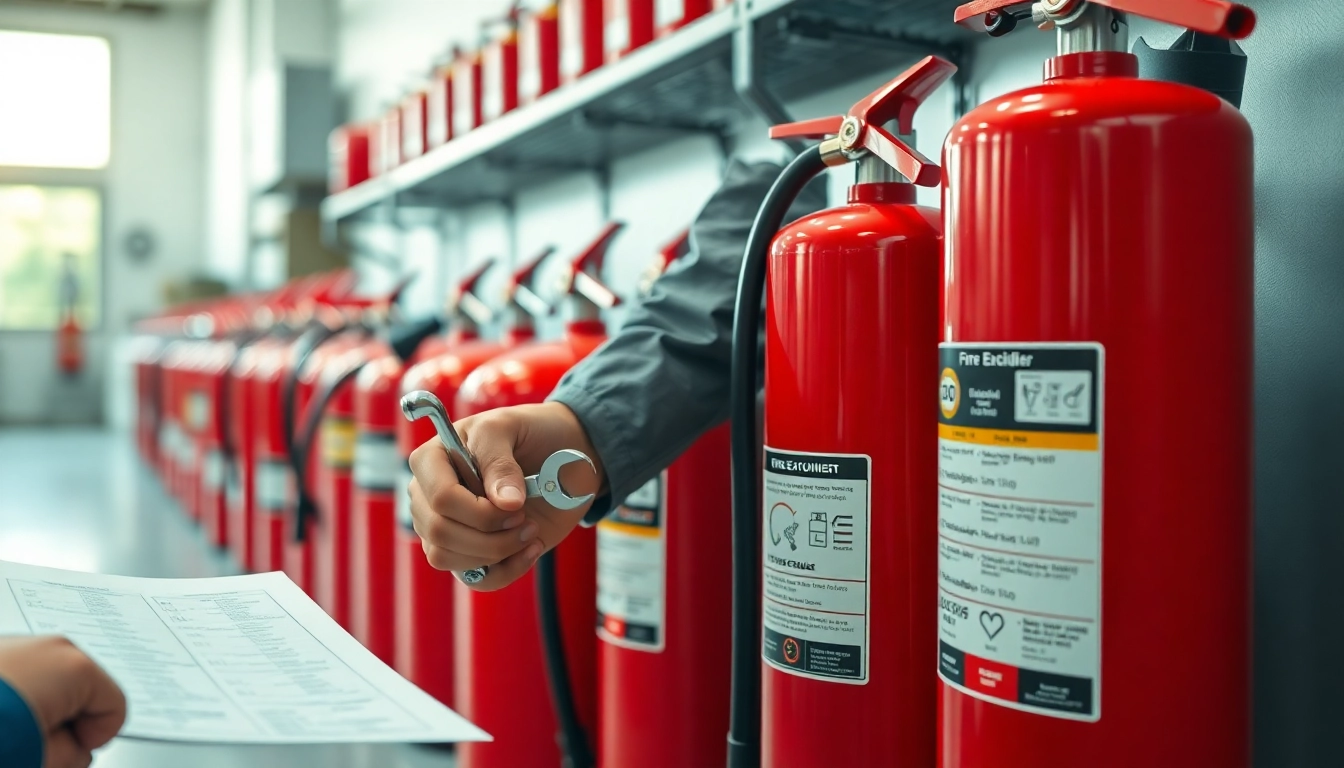 Technician performing fire extinguisher servicing in a professional setting