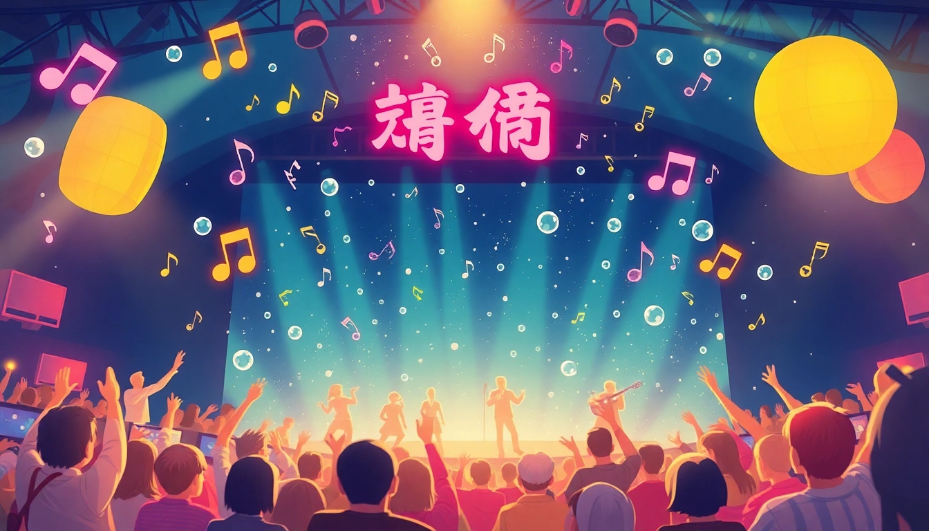 Experience the joy of 汽水音乐官网 with vibrant musical notes and soda bubbles in an engaging concert scene.