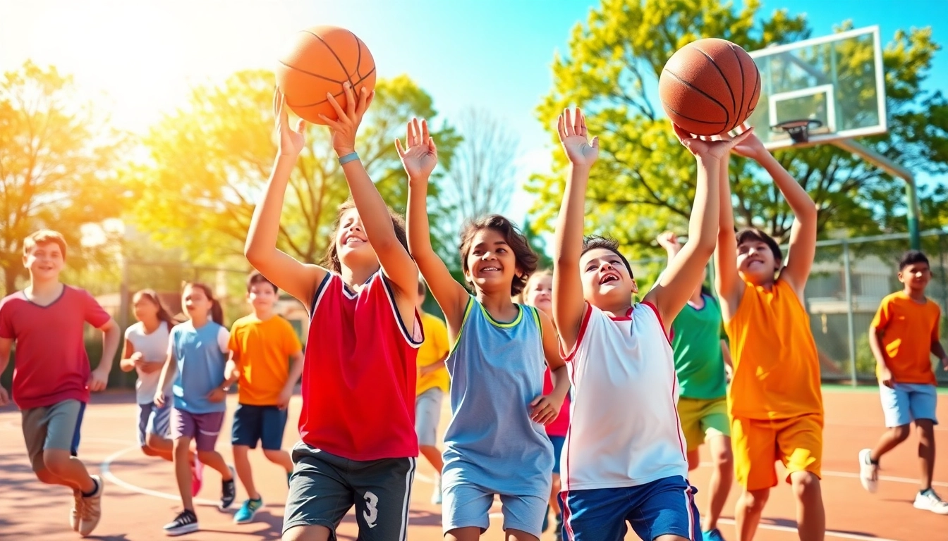 Young basketball enthusiasts actively participating in a spirited game, showcasing enthusiasm and teamwork.