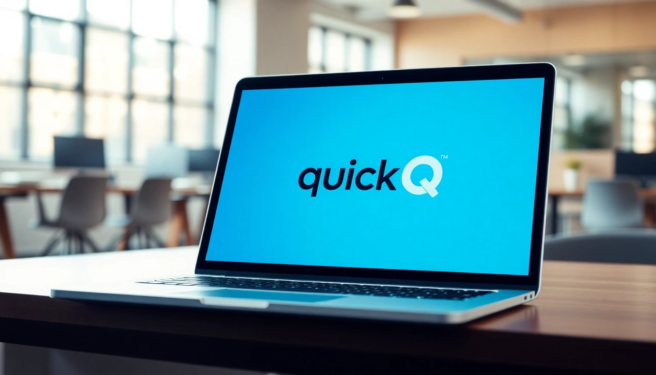 Download quickq下载 on a laptop showcasing its user-friendly interface in a modern office.