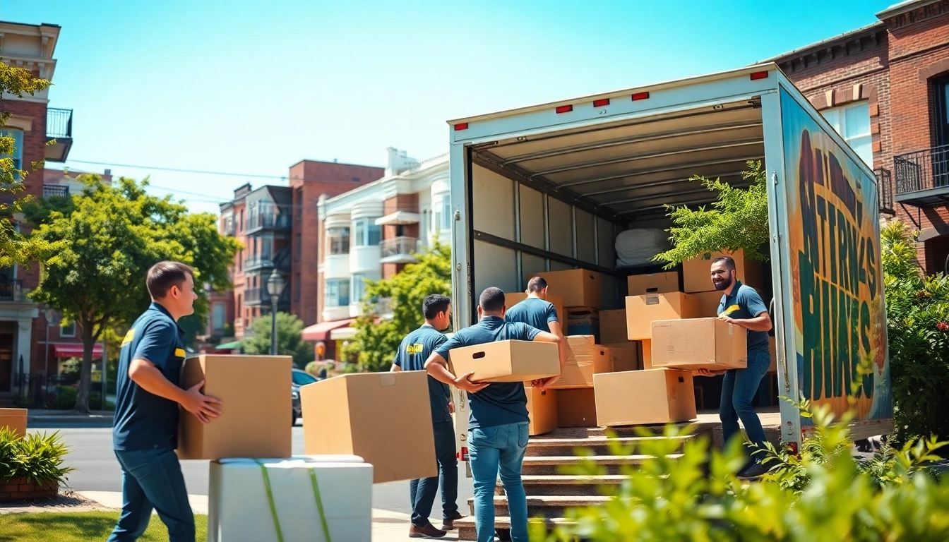Queens movers actively loading a truck with furniture and boxes in a vibrant neighborhood setting.