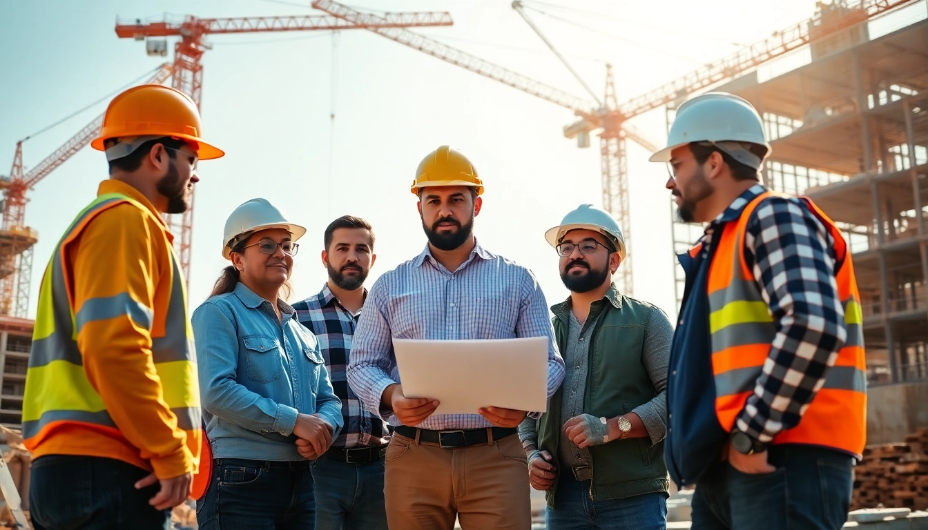 Showcase the Southern California Contractors Association with diverse construction workers collaborating on-site.