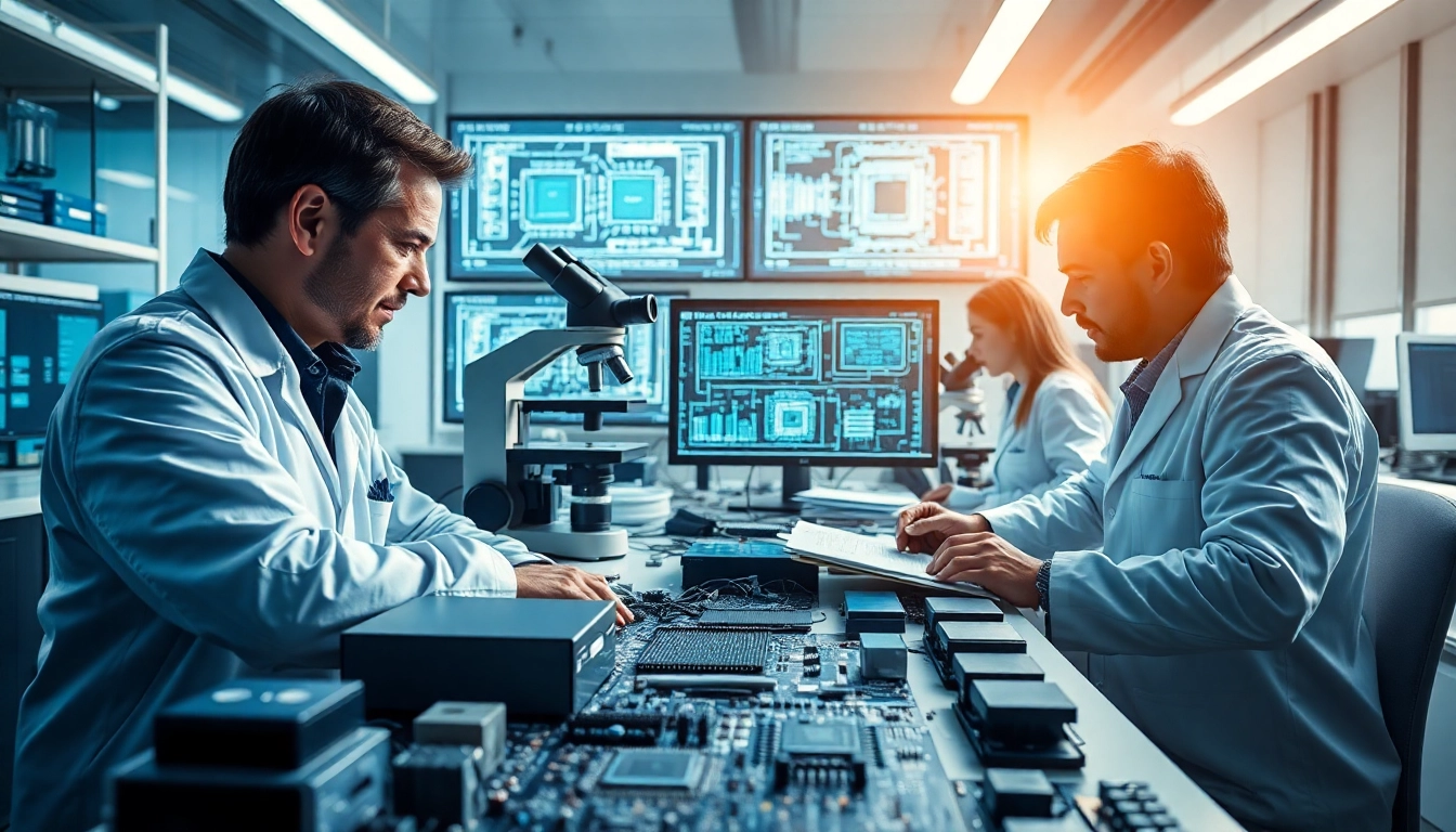 Engineers designing advanced microchips in a modern lab environment.