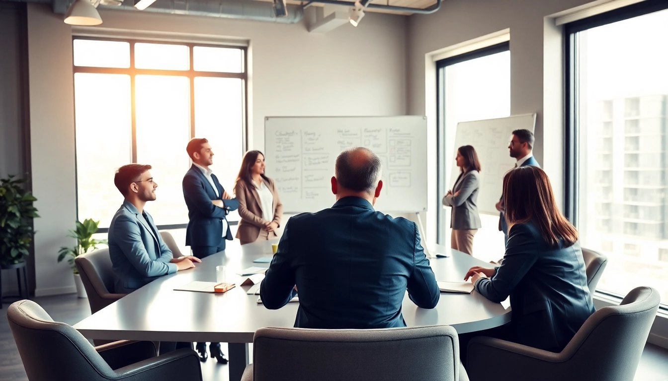 Offering a business coaching service in a dynamic office discussion setting.