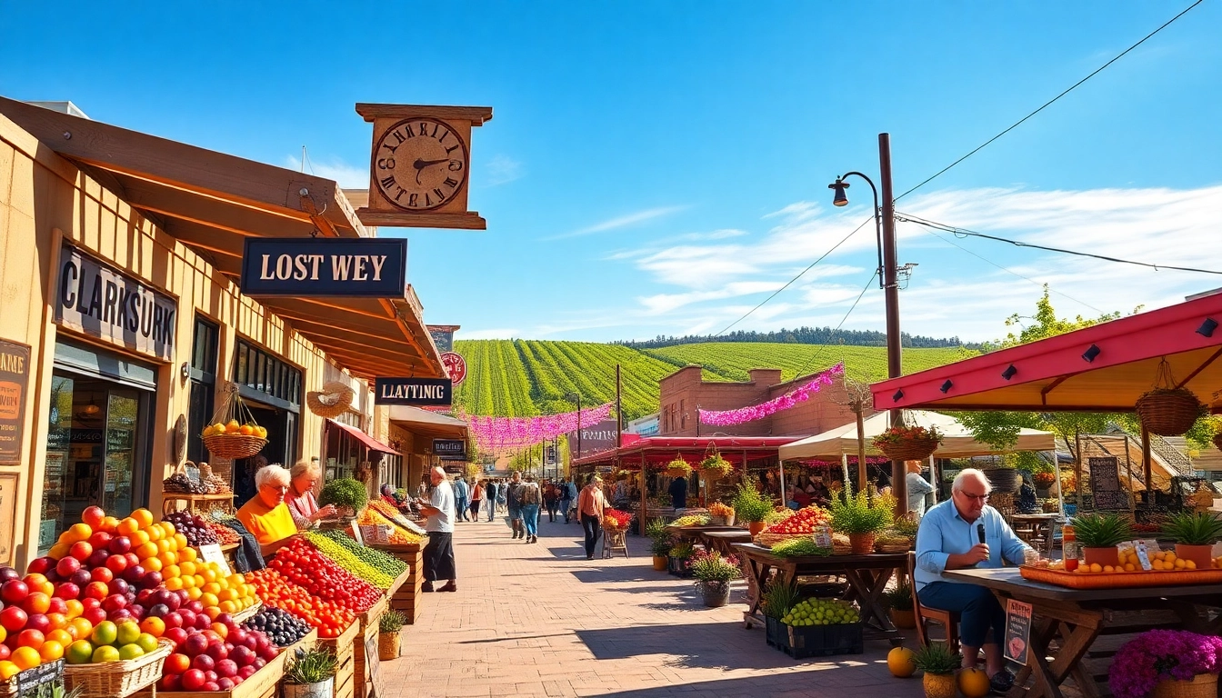 Clarksburg's vibrant market scene featuring colorful produce and vineyards.