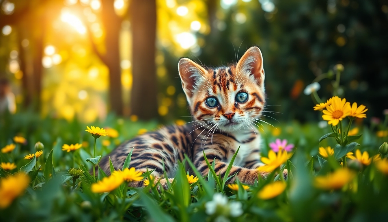 Adorable Bengal Kittens for Sale playing in a vibrant garden setting.
