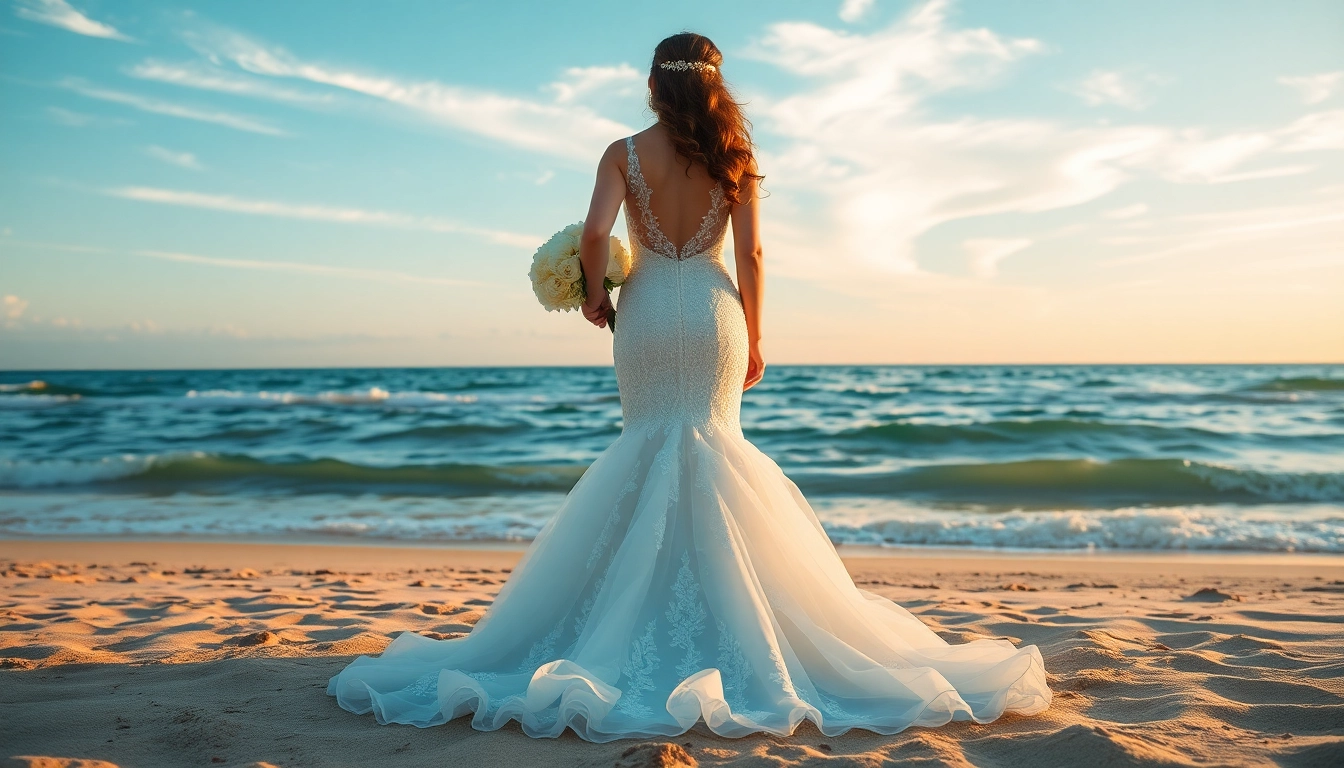 Brides showcase stunning Mermaid Wedding Dresses against a beautiful beach sunset backdrop.