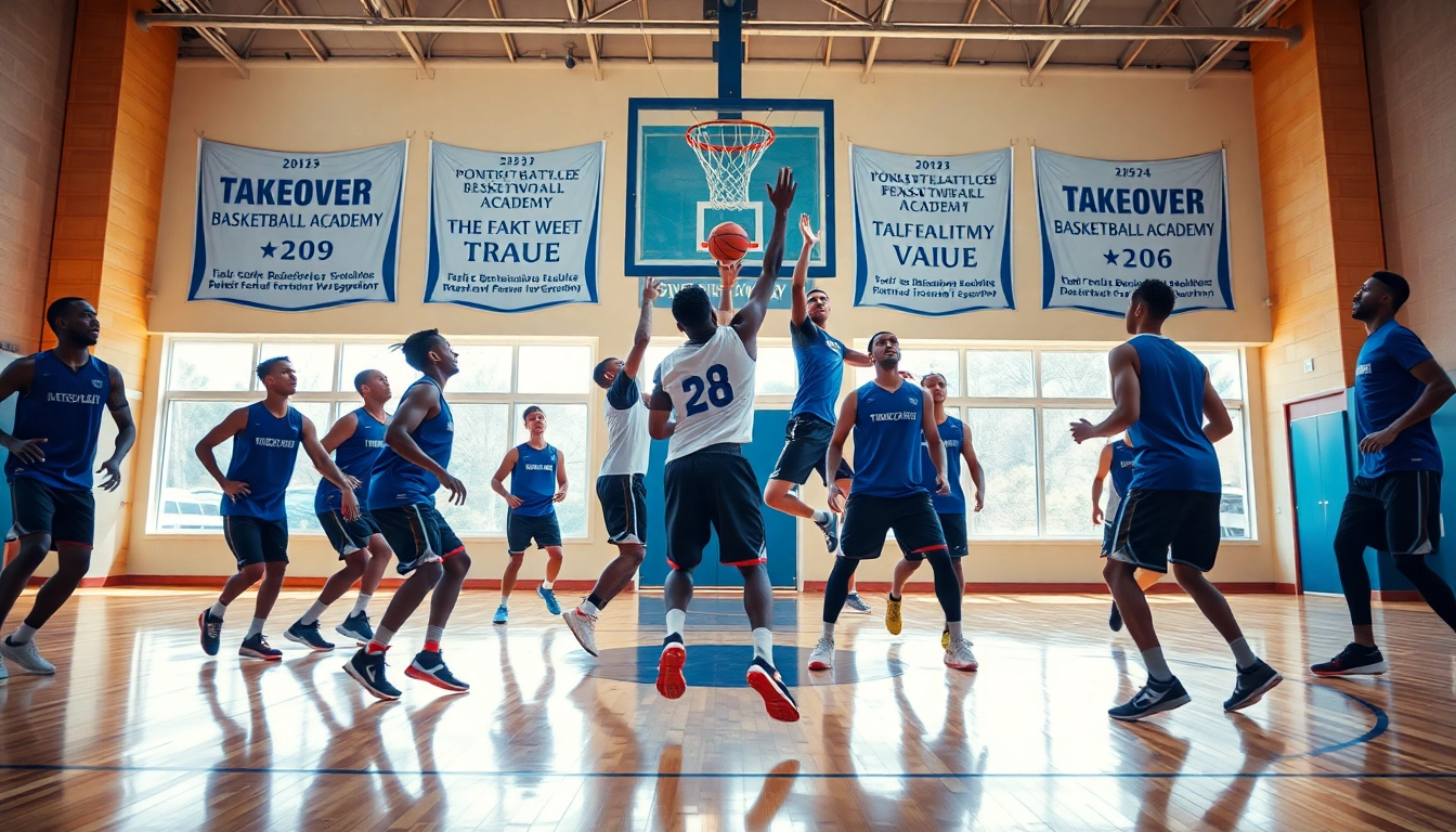 Young athletes training at Takeover Basketball Academy with dynamic on-court action.
