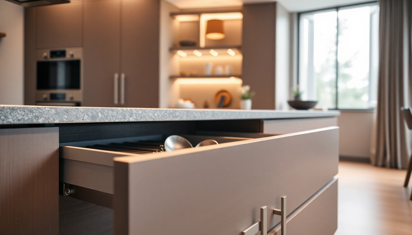 Sleek slim box drawer system in a modern kitchen setup, showcasing design and organization.