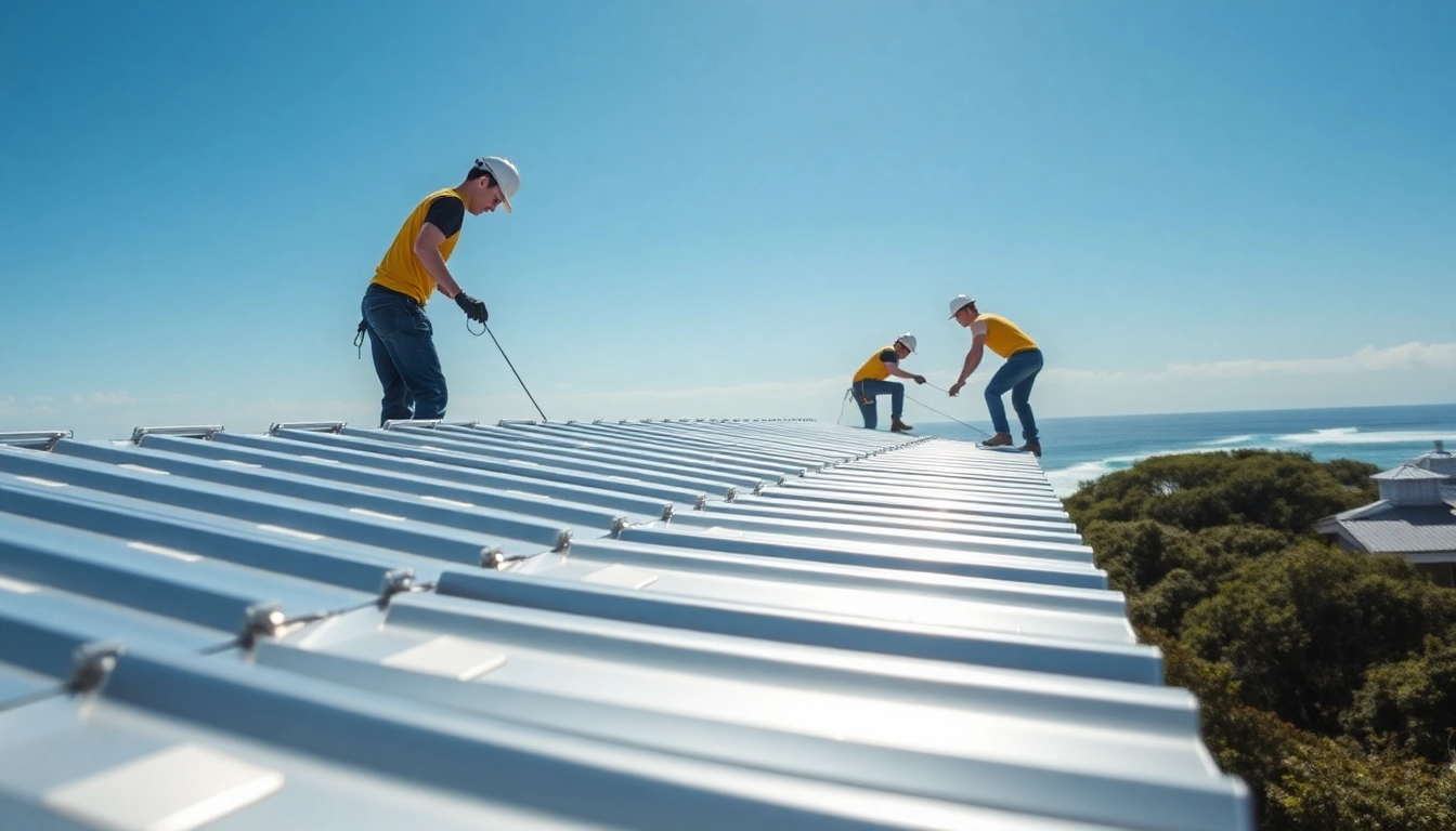 Installers showcasing coastal metal roofing techniques in a seaside environment.