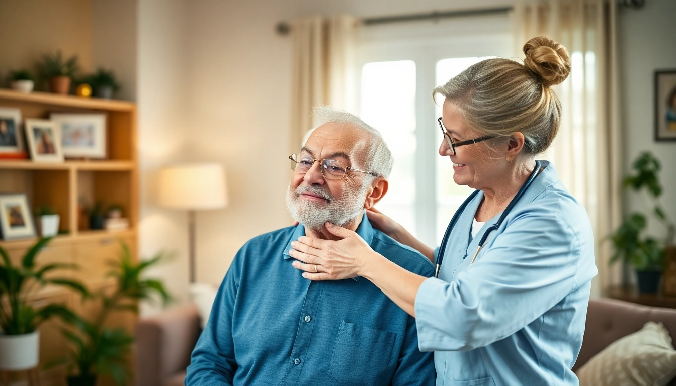 Caregiver assisting an elderly man in austin senior home care setting, showcasing warmth and compassion.