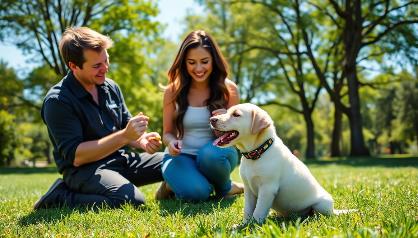 Dog Training Irvine session with a trainer teaching a Labrador puppy in a sunny park.