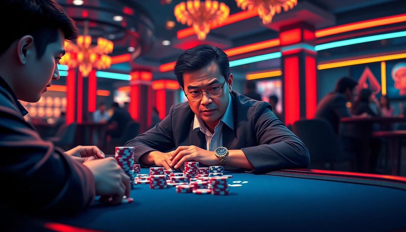 下载GG扑克客户端的专业扑克玩家在赌场中玩牌的动态景象
