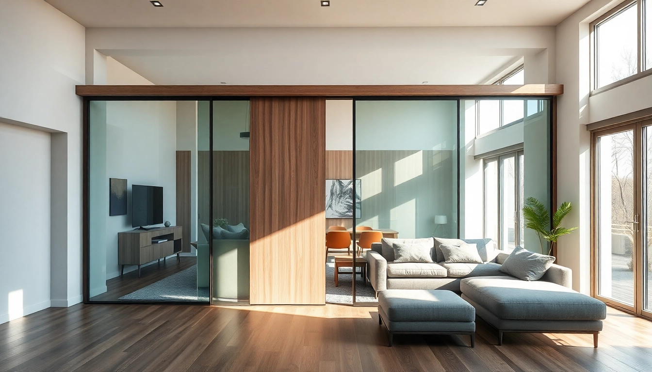 Elegant sliding partition wall separating two functional areas in a modern home.