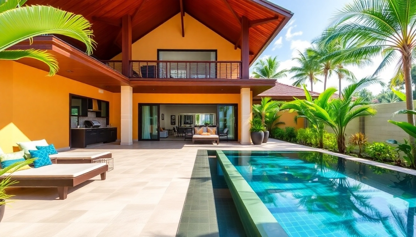 Phuket real estate agent showcasing a stunning luxury villa surrounded by lush gardens and a serene pool.
