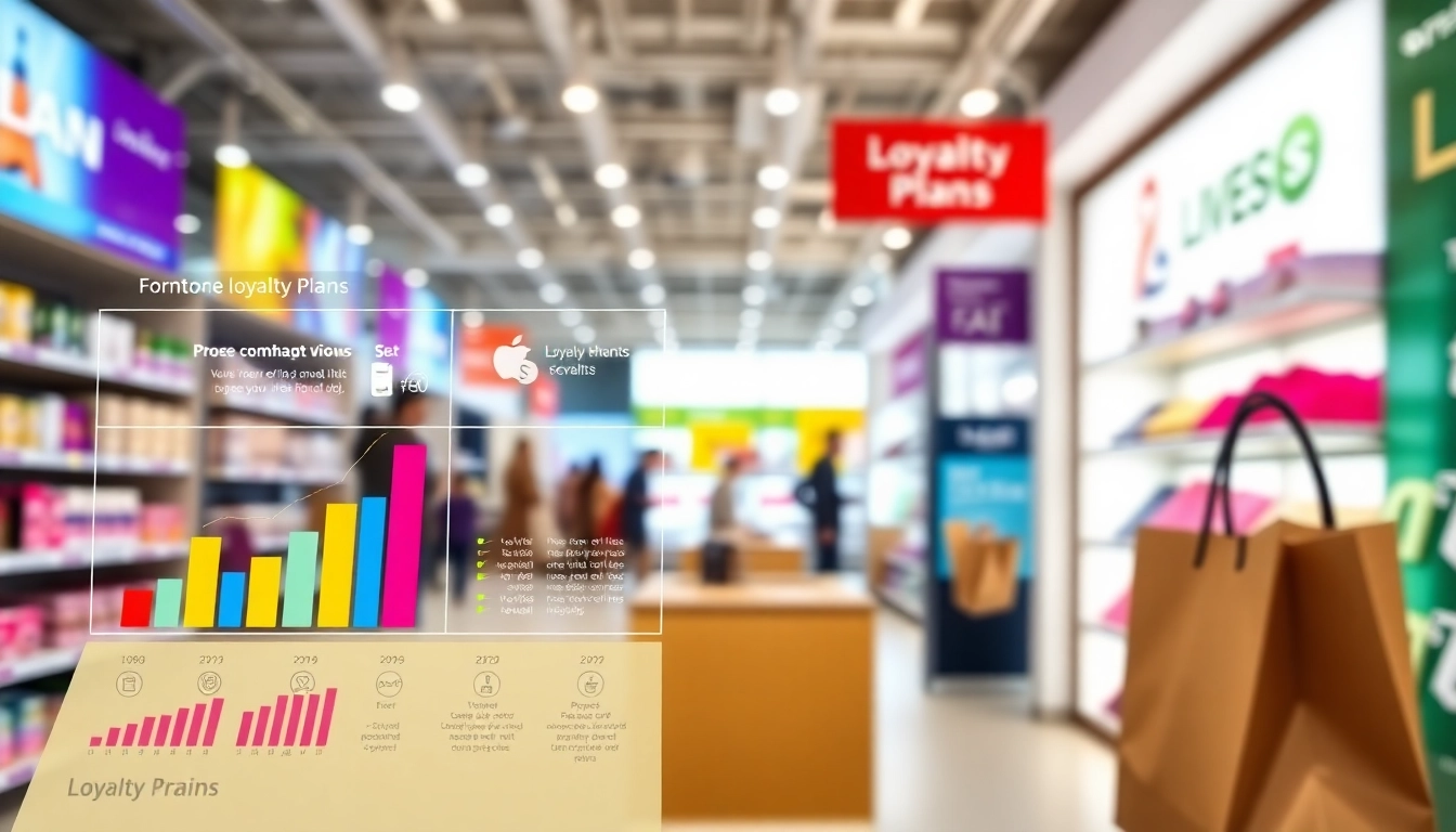 Loyalty Plans infographic illustrating diverse customer rewards and retail strategies in a vibrant setting.