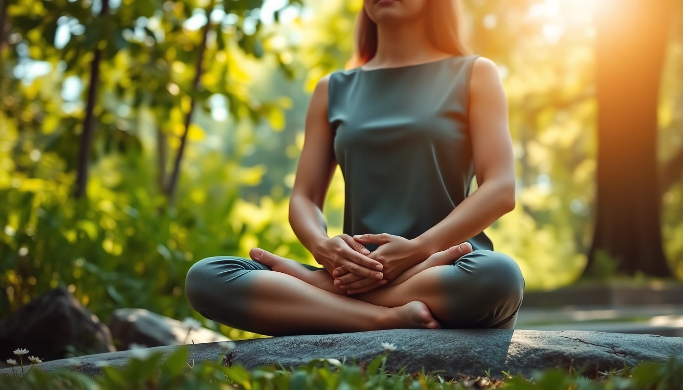 Practicing mindfulness outdoors to aid in dealing with stress amidst a serene natural setting.