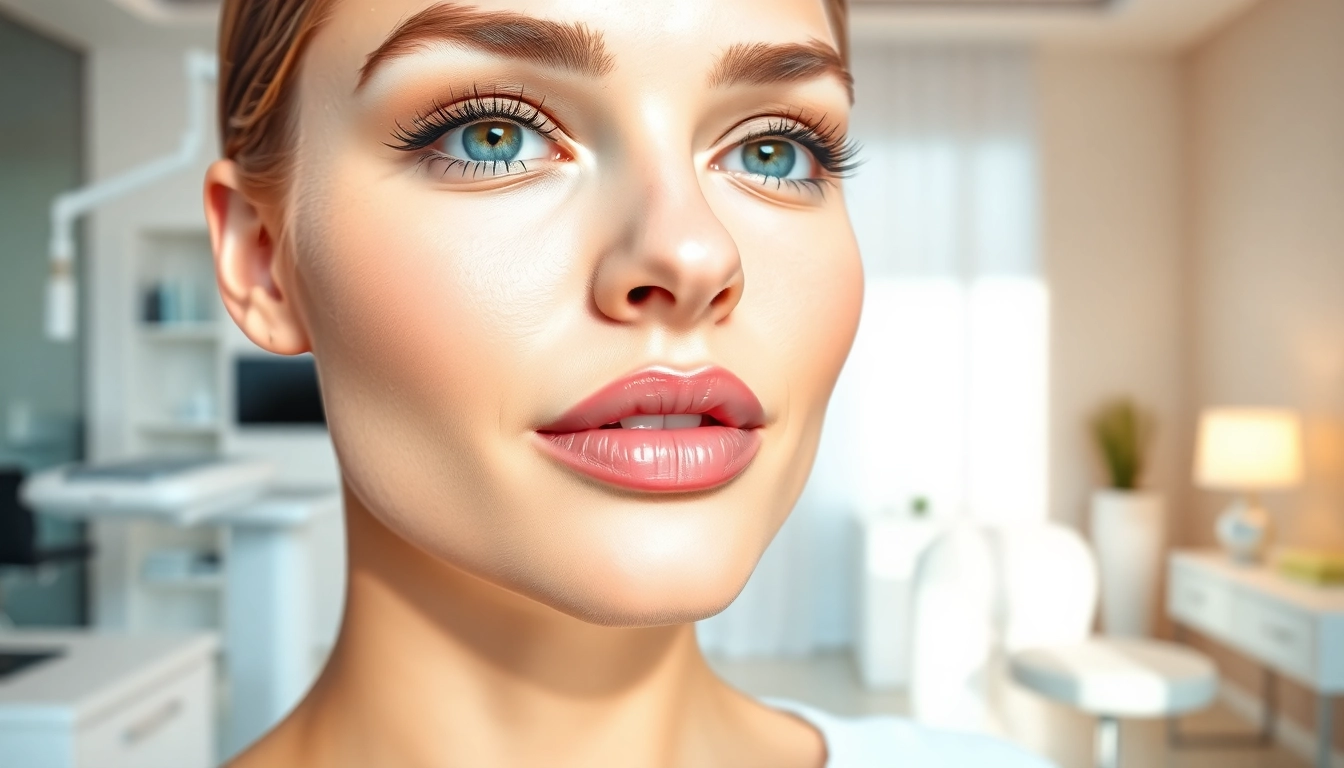Lip fillers enhancing a model's smile in a serene aesthetic clinic atmosphere.