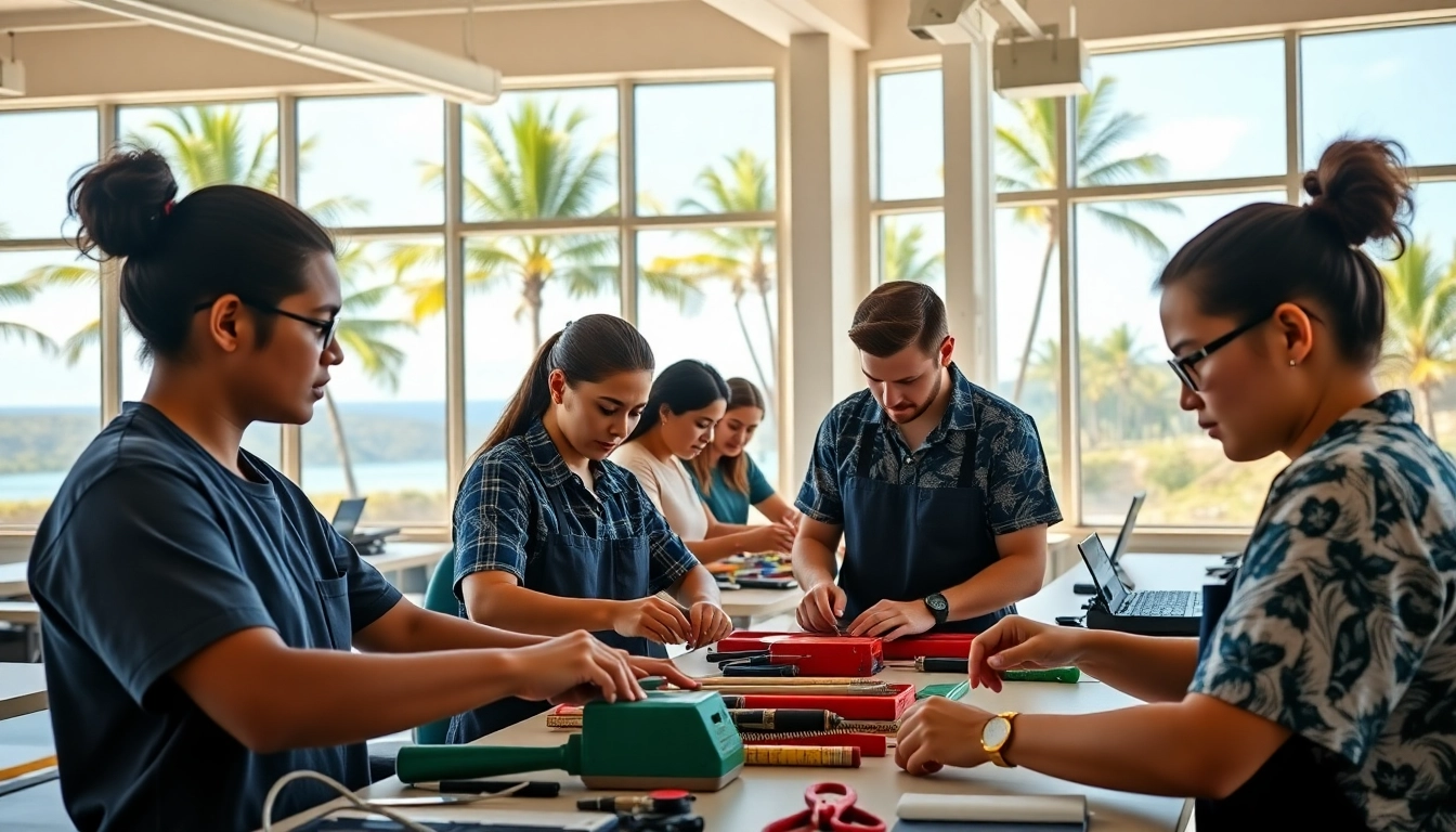 Students learning practical skills at hawaii trade schools with a beautiful landscape backdrop.