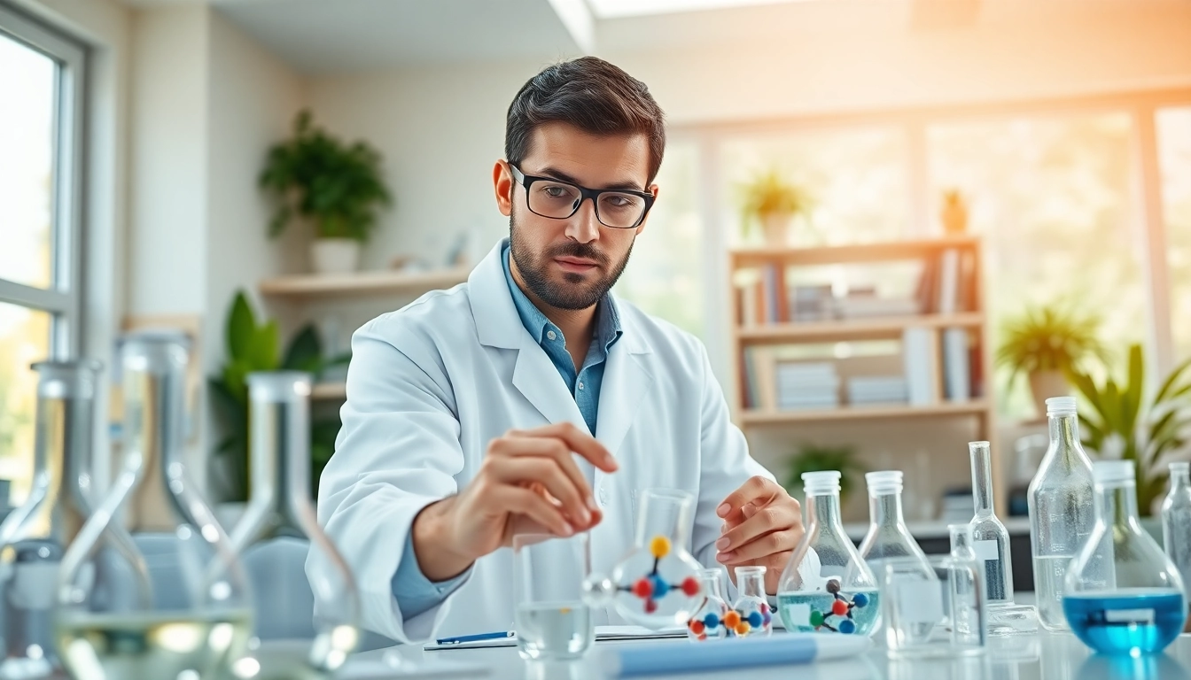 A scientist analyzing amino acids with lab equipment in a bright laboratory.