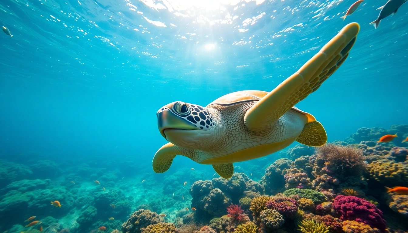 Turtle snorkel experience featuring a Hawaiian sea turtle surrounded by colorful reef fish and coral.