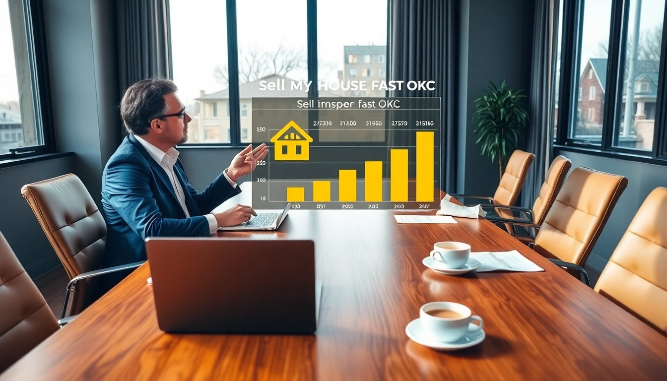 Real estate agent helping clients sell my house fast okc in a bright, modern office.