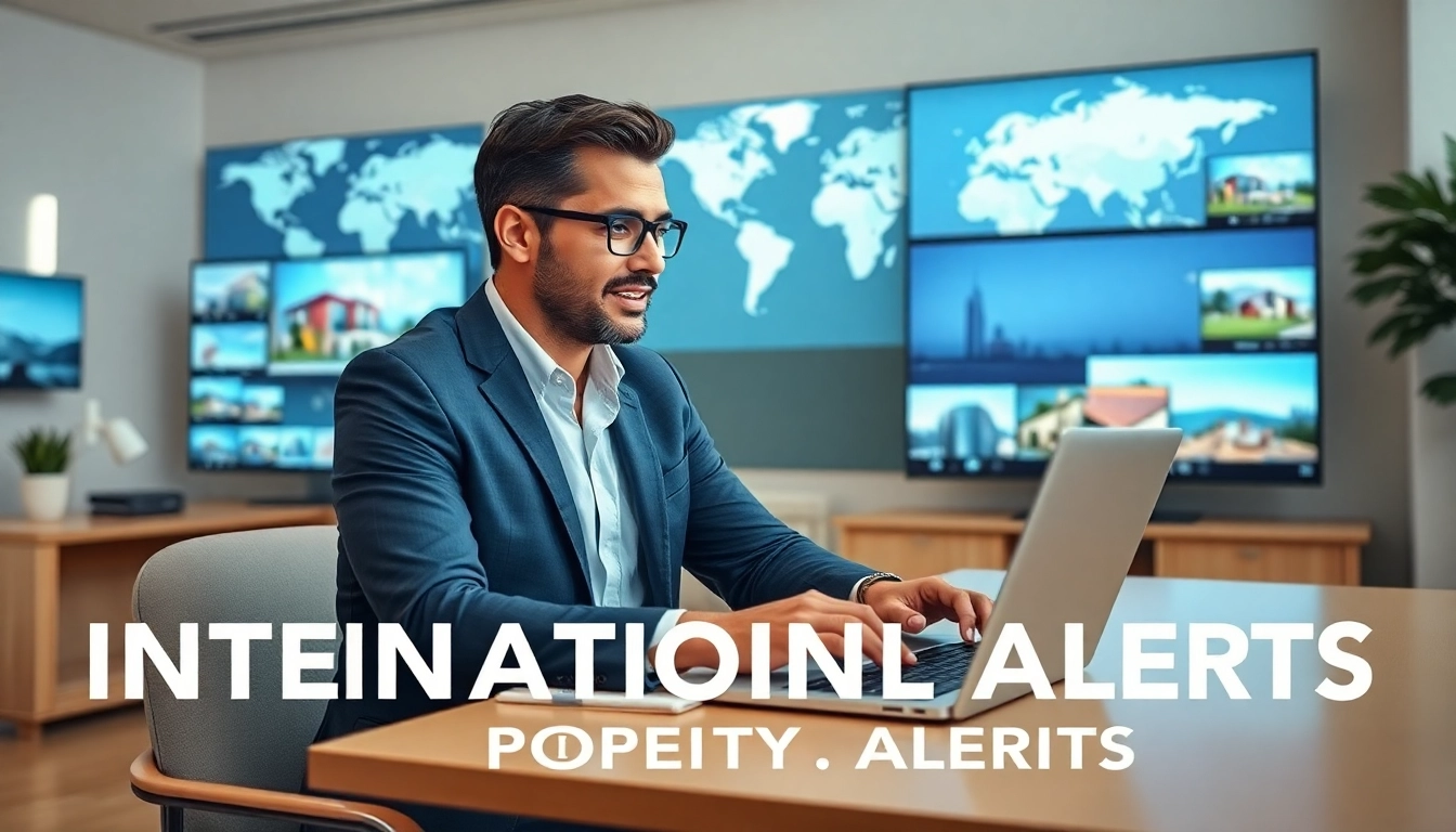 Find international property alerts with an engaging real estate advisor in a modern setting.