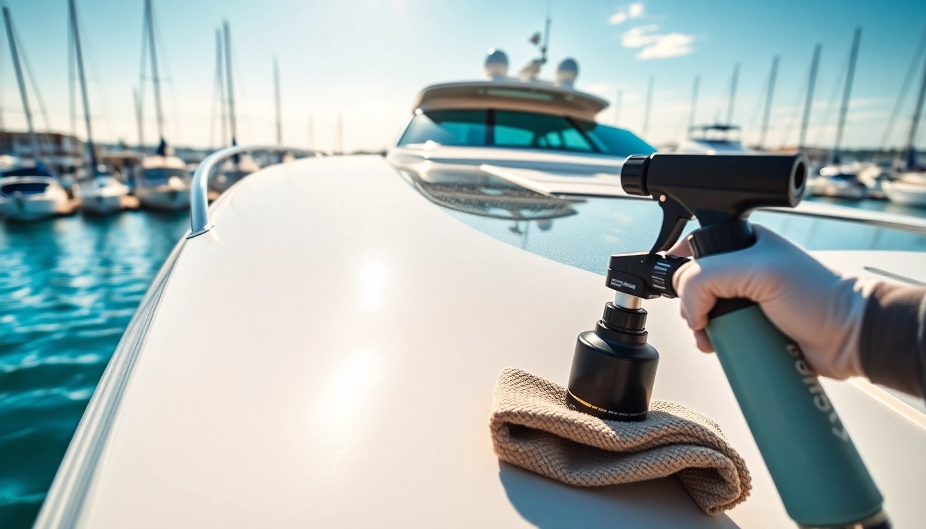 Applying Marine Ceramic Coating to a boat to enhance shine and protection.