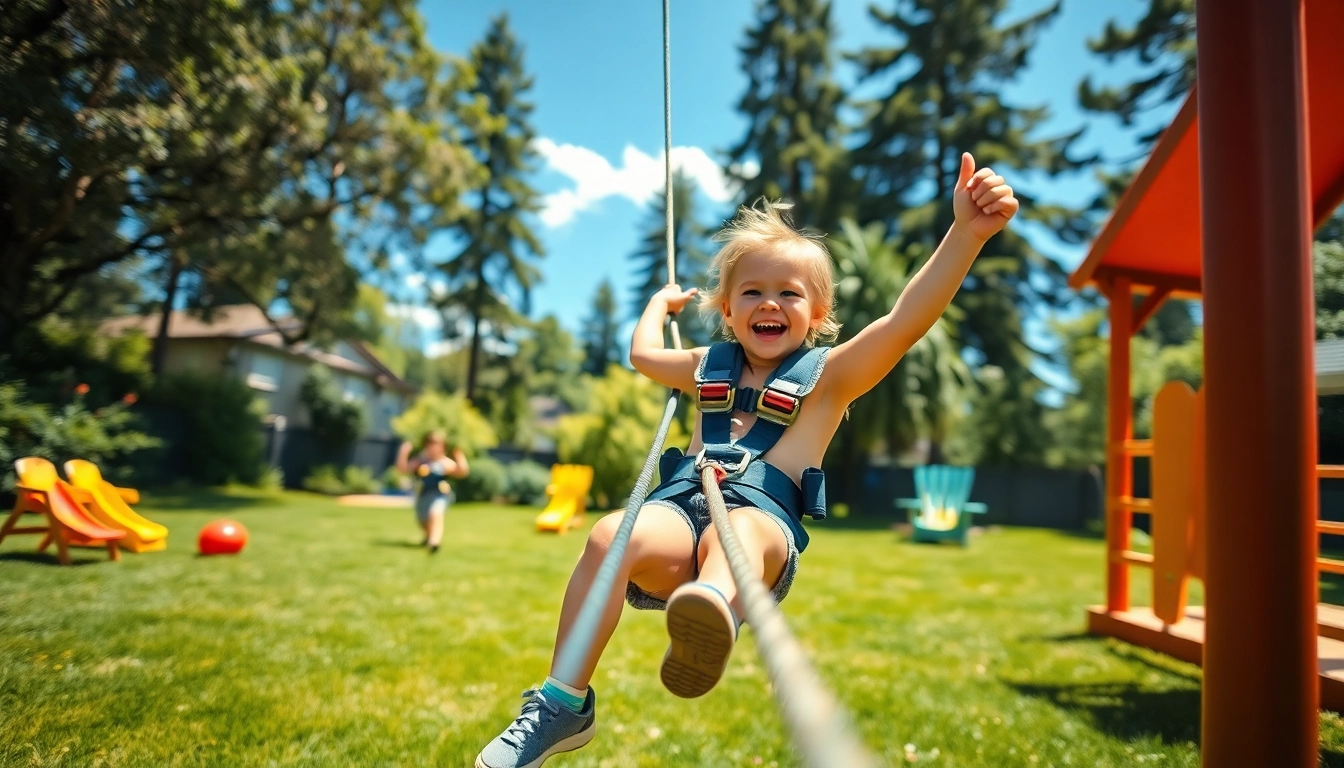 Children having fun on ZIP WIRE KITS in a sunny backyard setting.