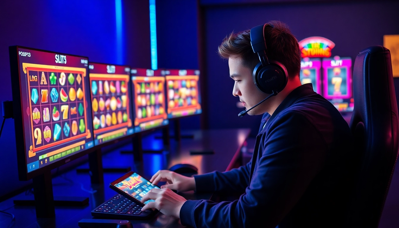 Menampilkan gamer serius memainkan permainan posjp33 slot di desktop gaming modern.