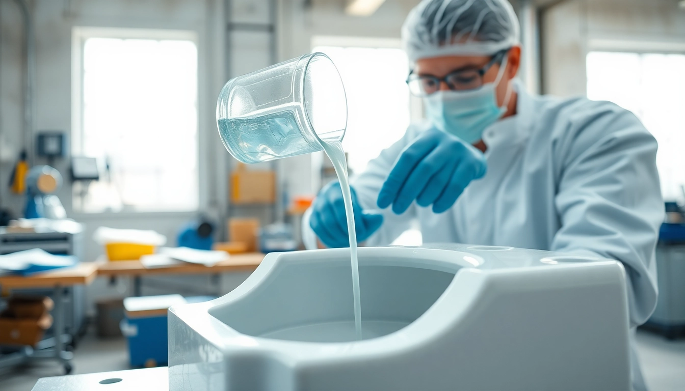 Pouring infusion resins into a composite mold in a well-lit workshop.