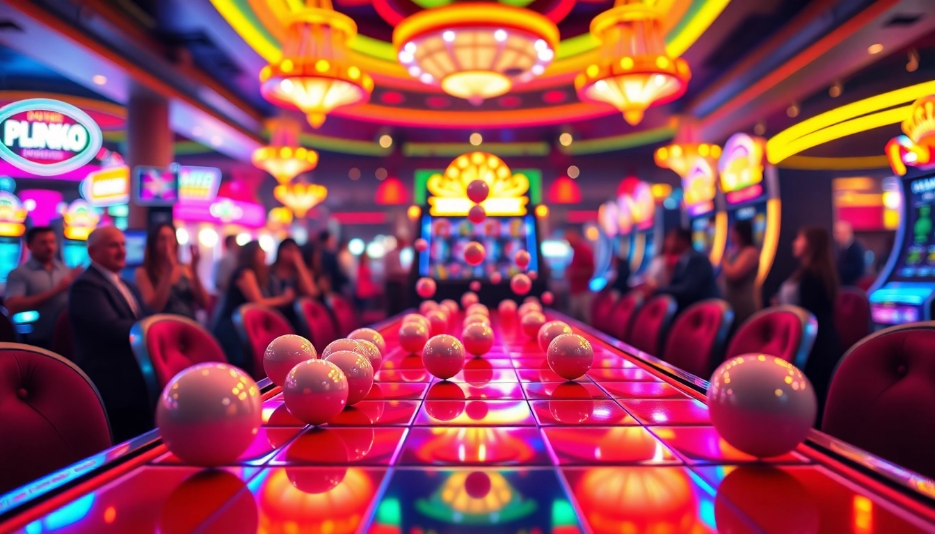 Играть в plinko на красочном игровом автомате с падающими шарами в казино.