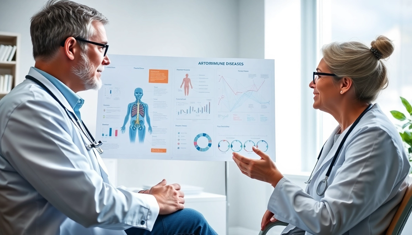 Doctor discussing autoimmune disease symptoms with a patient in a bright and healing consultation room.