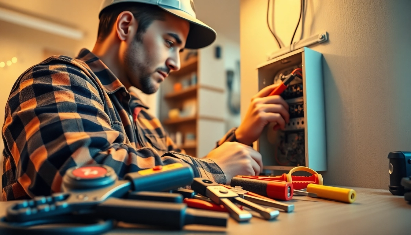 Electrician repairing a circuit box in a well-lit home, demonstrating professionalism and expertise.