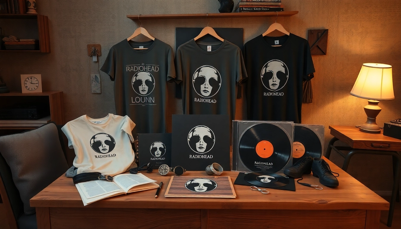Showcase diverse radiohead merch including t-shirts and vinyl, arranged stylishly on a wooden table.