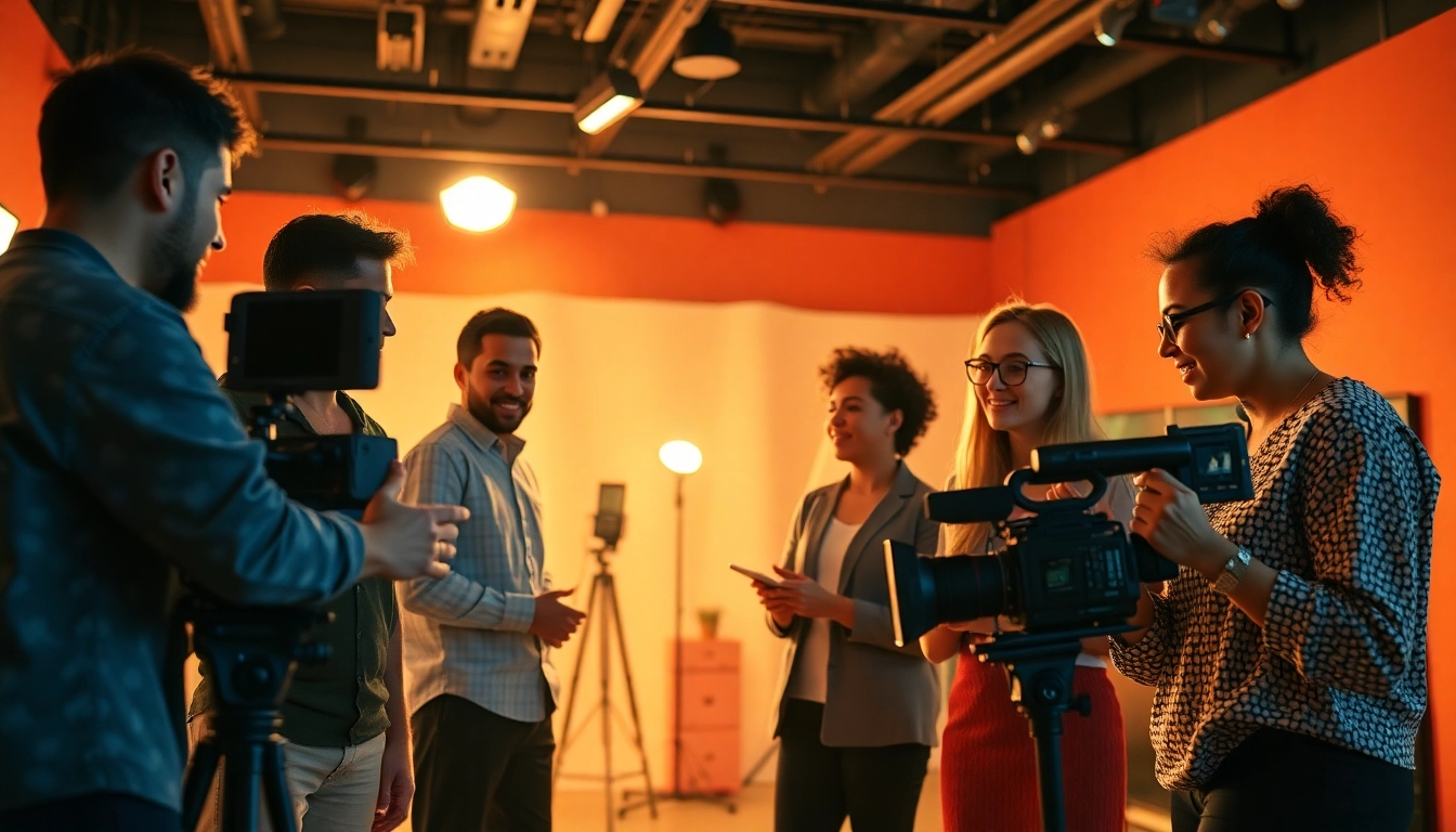 Dynamic scene of a 영상업체 team collaborating on a creative project in a studio setting.