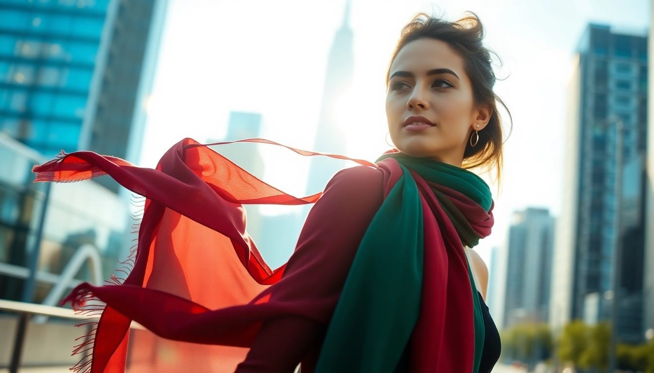 Model wears colorful scarves in an urban setting, showcasing fashion versatility.