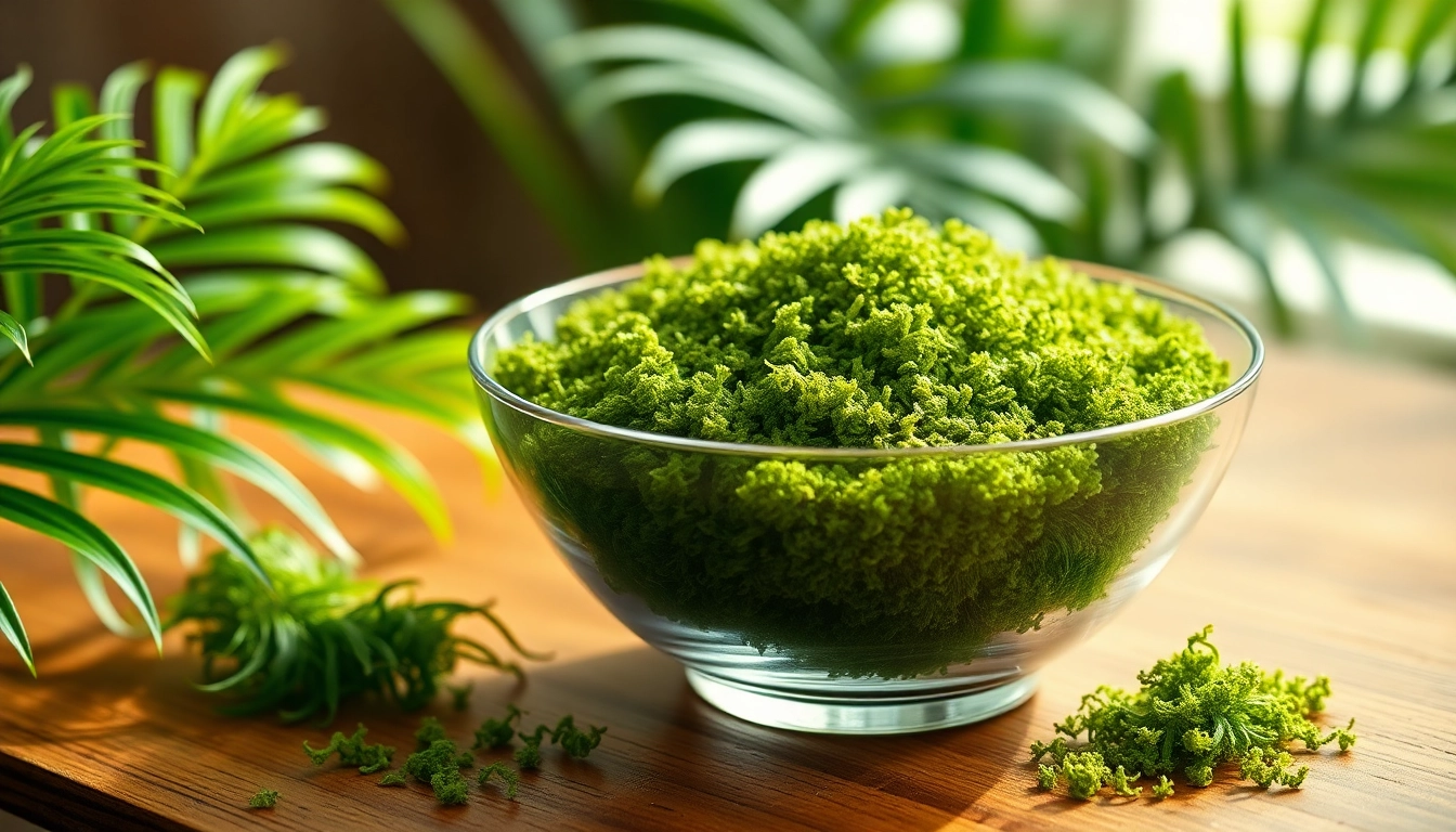 Showcasing Irish sea moss beautifully arranged in a glass bowl, highlighting its natural texture and vibrant color.