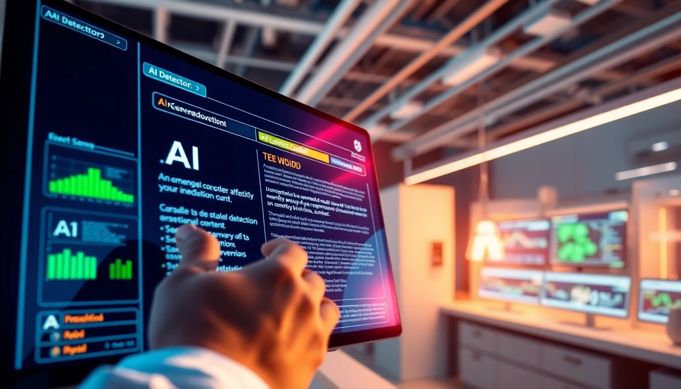 Analyze content with an advanced ai detector tool, showcasing high-tech interface and user engagement.