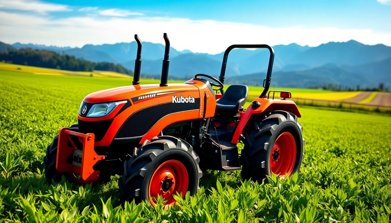 Erleben Sie die Kraft eines Kuboata Traktors in einer blühenden Landwirtschaftslandschaft.