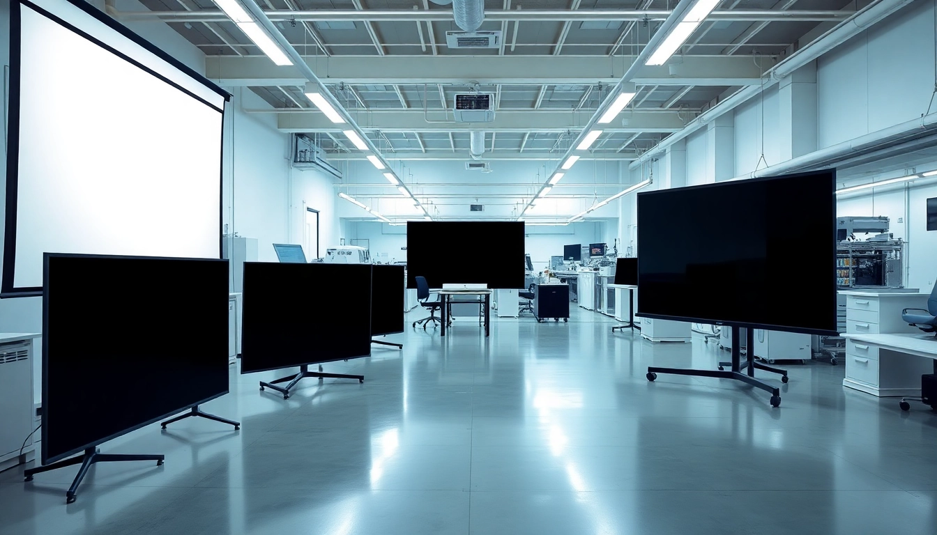 Showcasing cutting-edge projection screen manufacturer workspace with various screen types and modern design