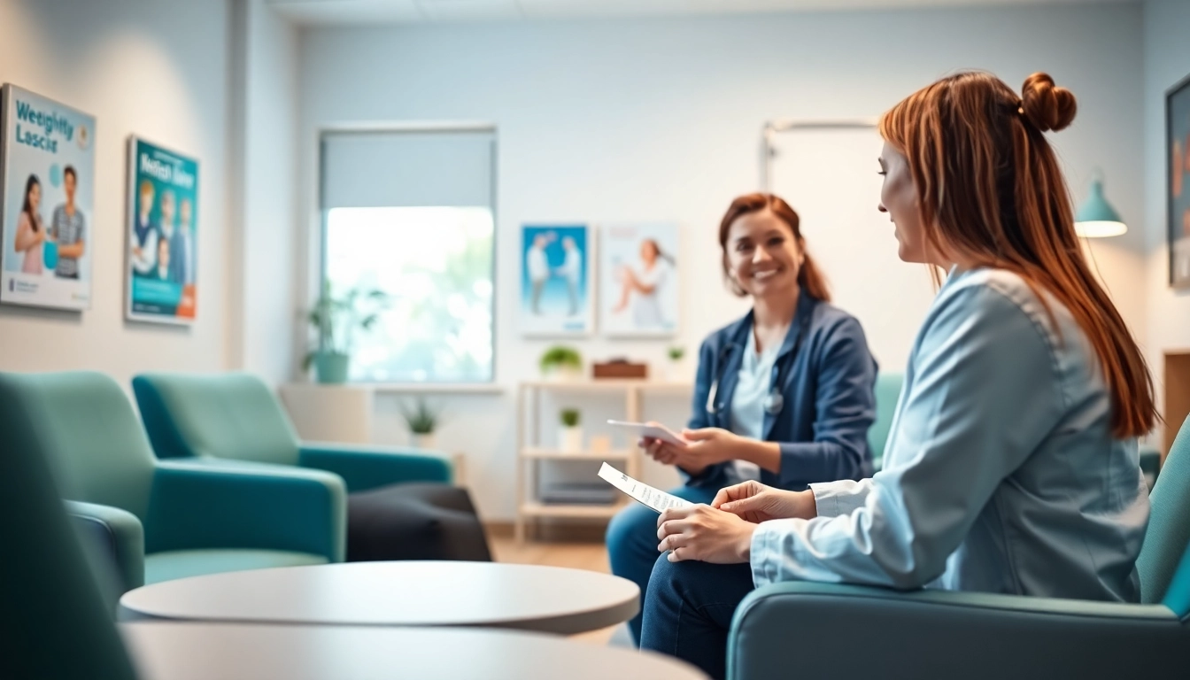 Engaging medical weight loss consultation in a welcoming clinic environment.