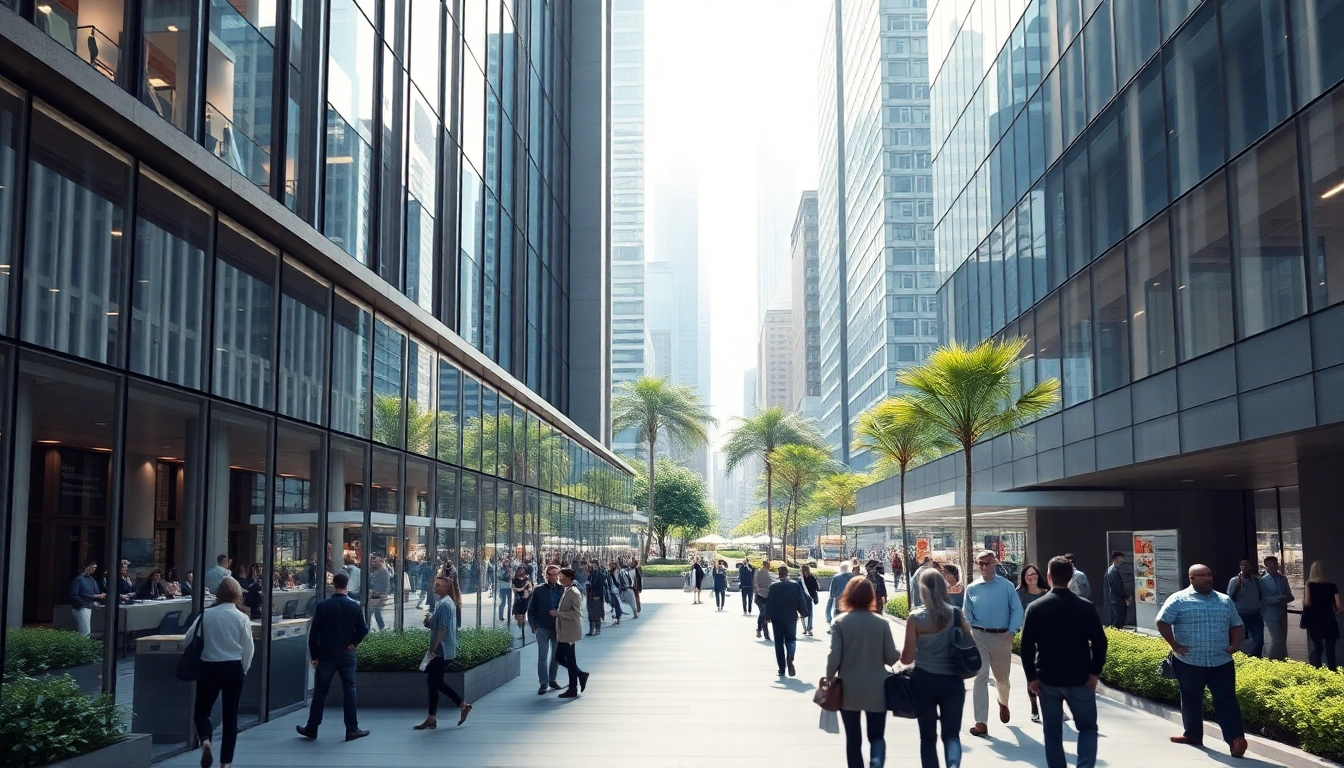 Architektur Visualisierung eines modernen Gebäudes, das innovative Designmerkmale in einer lebhaften Stadtlandschaft zeigt.