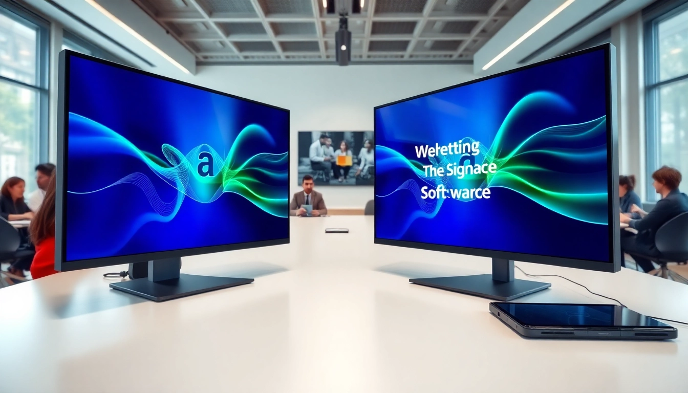 Engaging digital signage display showcasing free digital signage software in a collaborative workspace.