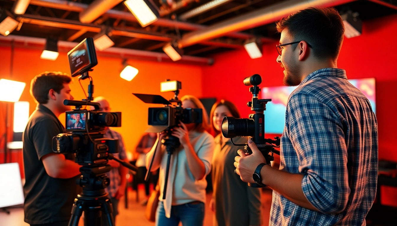 Professional 영상업체 team collaborating on a vibrant promotional video set showcasing creativity and production excellence.