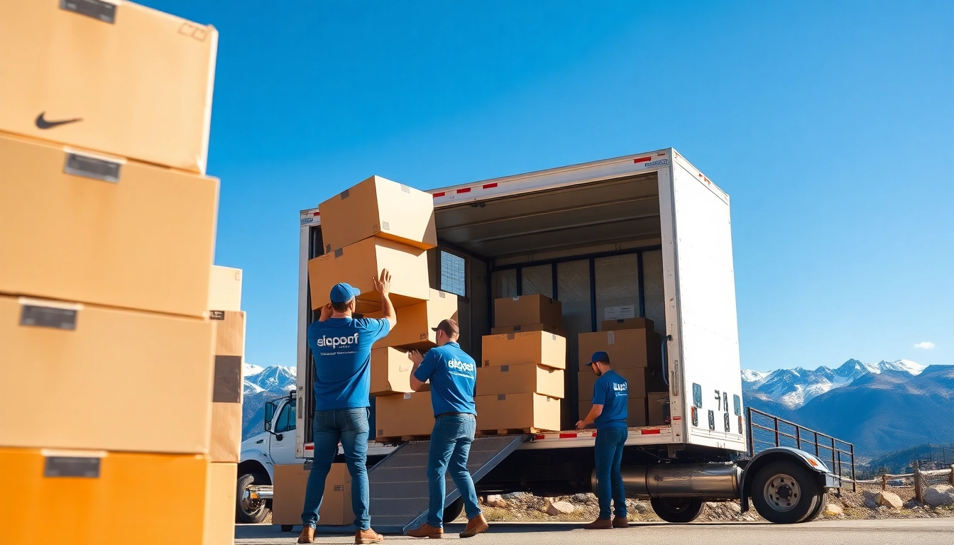 Movers in Colorado efficiently loading furniture into a truck with a mountain backdrop.