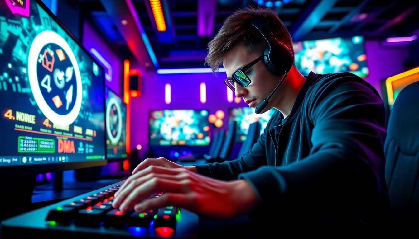 Engage with dma cheats visualization as a gamer uses high-tech equipment in a vibrant gaming environment.
