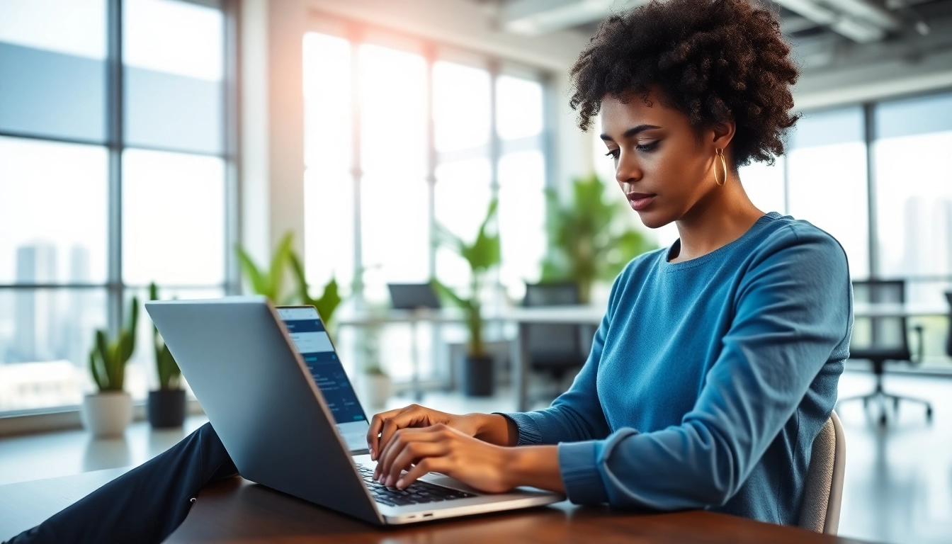 Engaged professional utilizing an AI Job matching tool while seated at a stylish workspace.